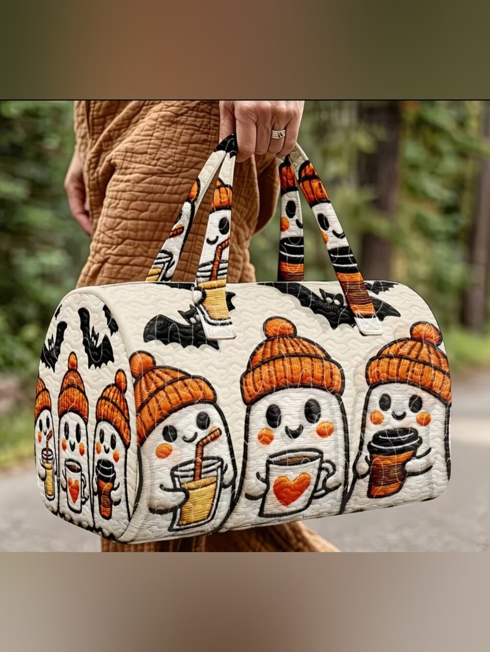 Quilted Ghost Print Weekend Bag - Cream & Orange